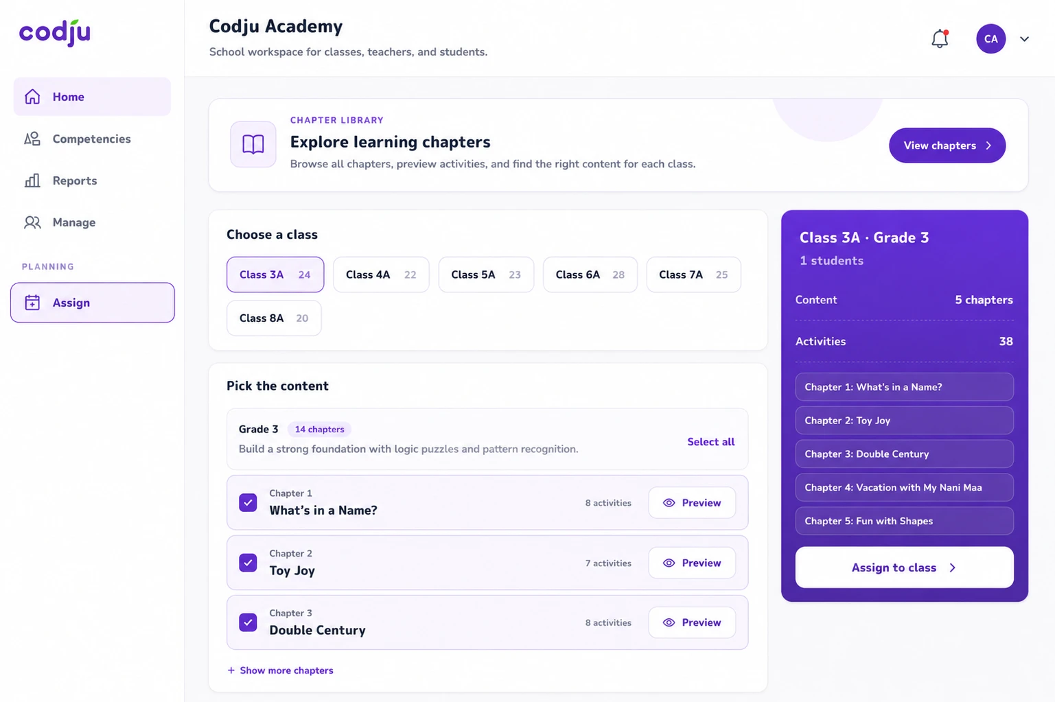 Teacher interface for managing classroom assignments, lessons, and student activities.